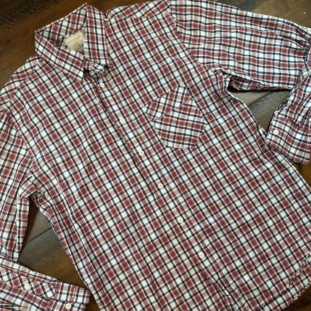 Billy Reid Shirt Mens Large Red Blue Plaid Button Down Long Sleeve Cotton Casual
